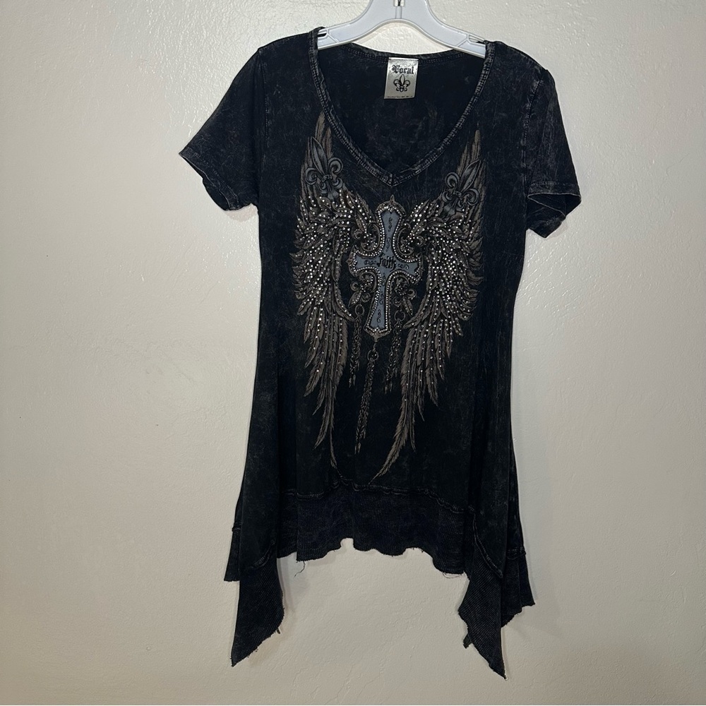 Y2K Grunge Rhinestone Cross Wings Tunic Top Acid Wash Short Sleeve Size Medium - Picture 8 of 15